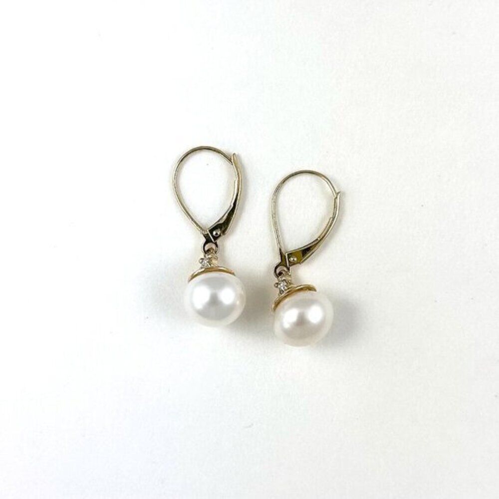 14k Yellow Gold 8.5mm White Pearl Diamond Drop Earrings Lever Back